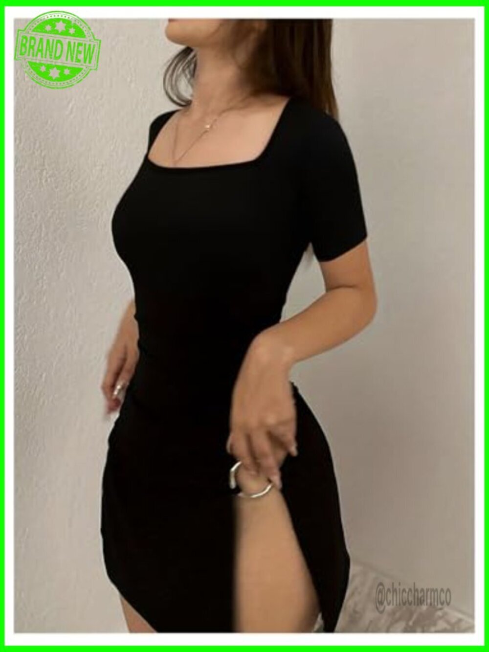 Women's Plus Size Short Sleeve Bodycon Mini Dress with High Slit, Pull On Style - Picture 2 of 5